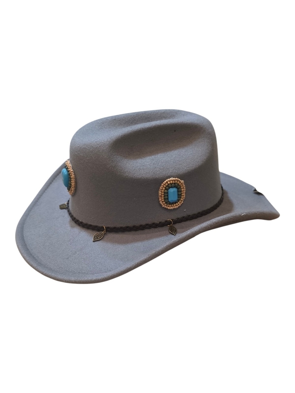 Alex Bendell Boho Upcycled Gray Fedora Hat Turquoise & Beaded Embellishments OS - Picture 2 of 4